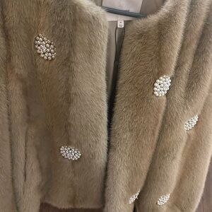 Cinq à Sept Tan Teddy Jacket with Pearl Embellishments